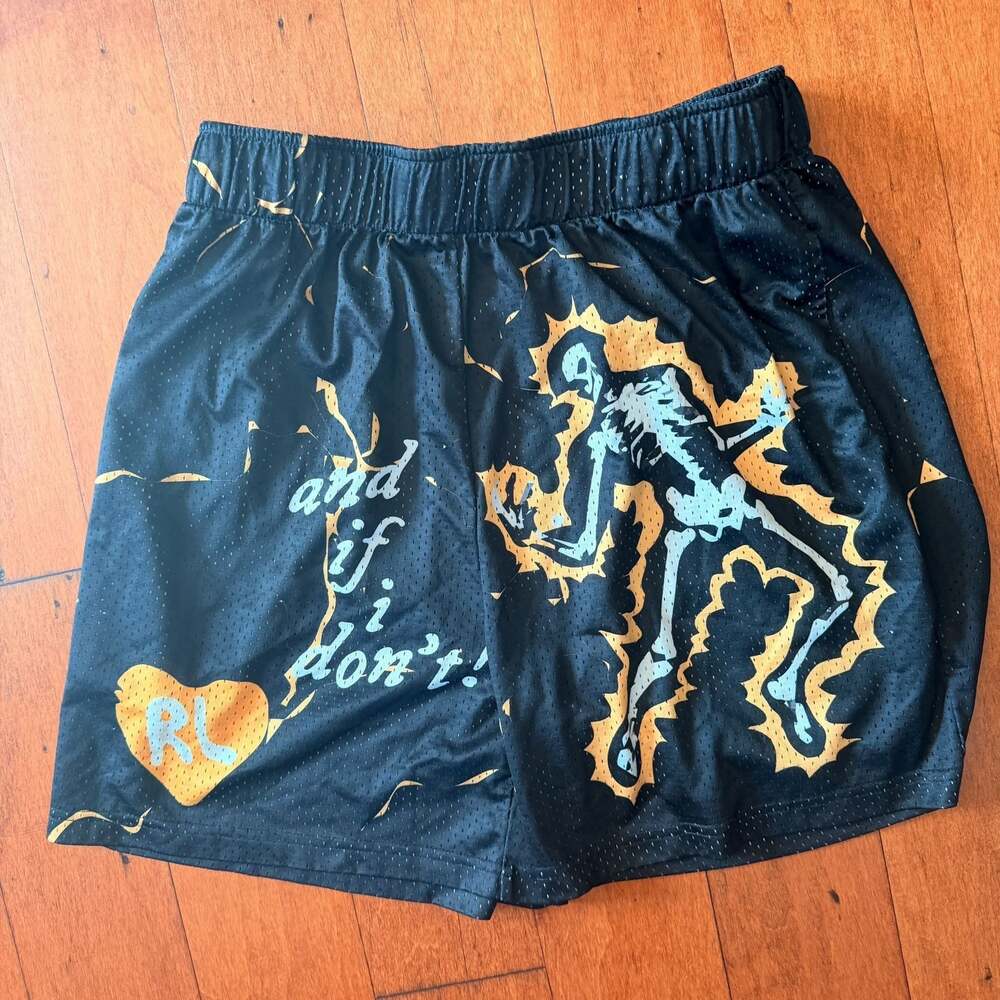 Red Letters Skeleton Graphic Mesh Basketball Shorts